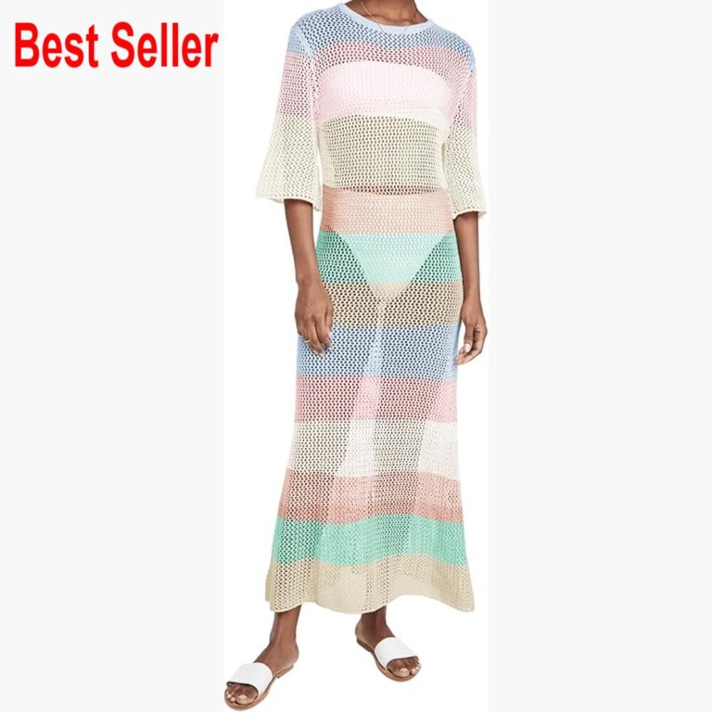 Crochet Knit Fabric Maxi Length Half Pagoda Sleeve Beach Cover Up